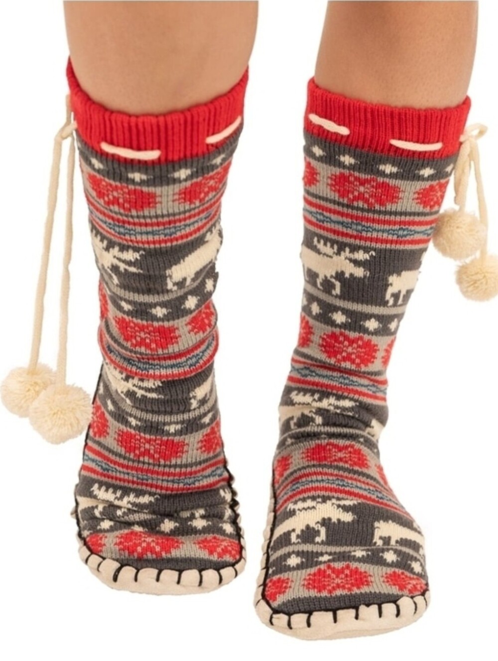 LAZY ONE Fair Isle Slipper Socks Mukluk with Pom Tassels L/XL Red